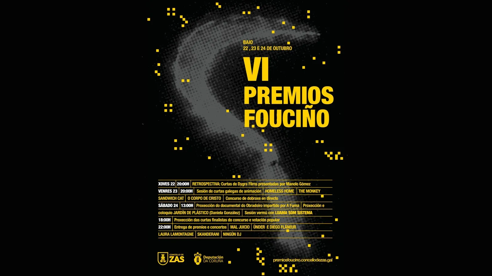 Cartel oficial de los VI Premios Fouciño: una forma gris punteada sobre fondo negro, el título en amarillo, el programa de los tres días y los logotipos del Concello de Zas y la Deputación da Coruña