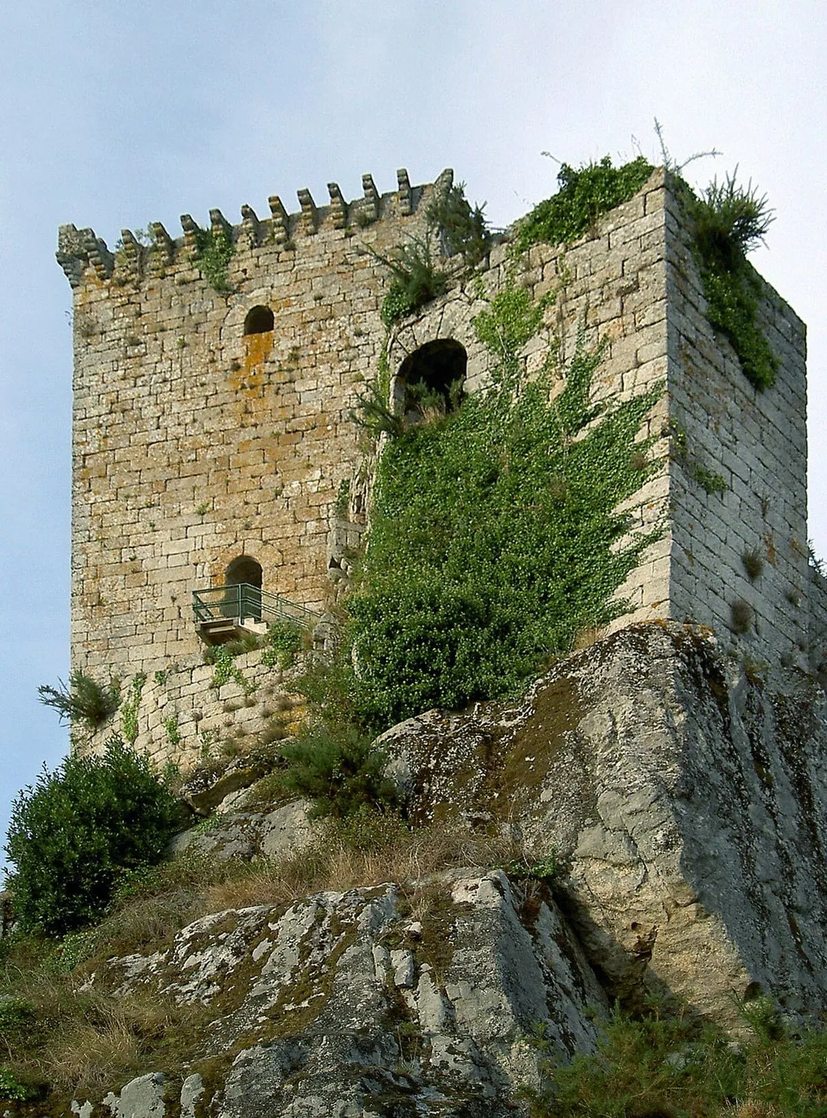 Torre del homenaje de piedra con almenas, con vegetación en sus muros, sobre la roca
