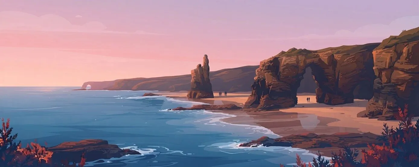 Ilustración de la playa de las Catedrales, en Ribadeo, con sus arcos de roca al atardecer