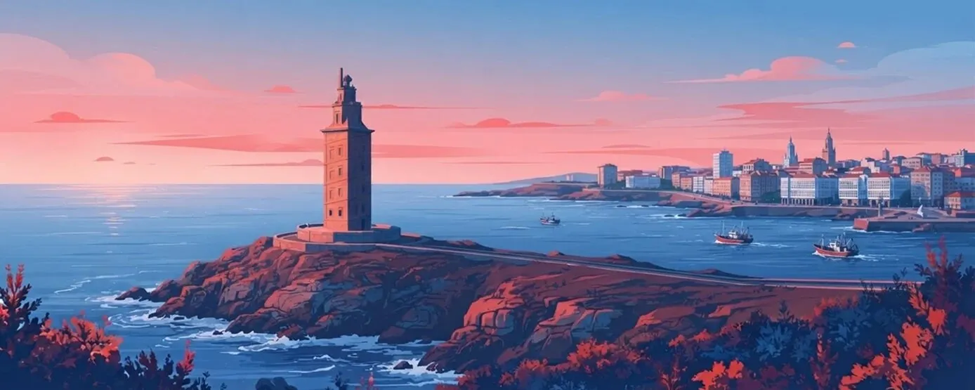 Ilustración de la Torre de Hércules sobre su roca, con barcos de pesca y la ciudad de A Coruña al fondo